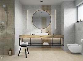Szare i beżowe płytki na ścianie i podłodze w łazience - nowoczesna łazienka ...