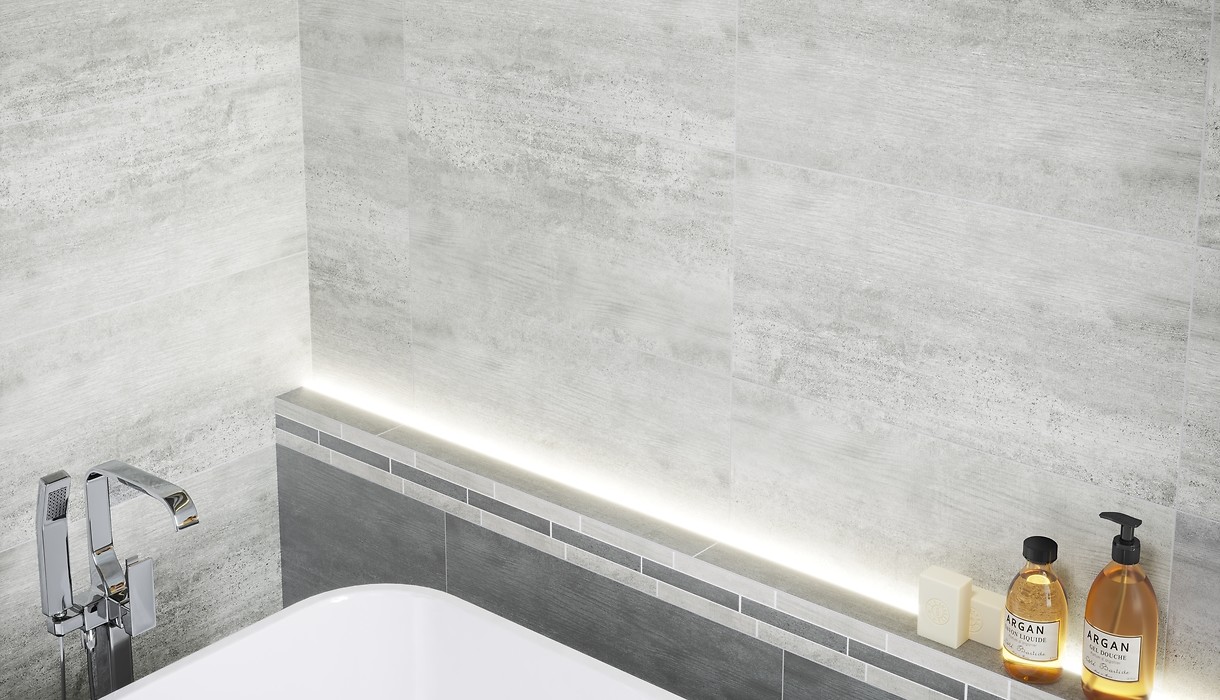 Szare płytki imitujące beton - mozaika - nowoczesna łazienka w odcieniach ...