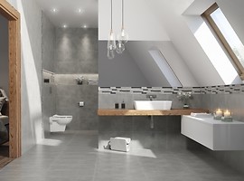 Szara łazienka z drewnem - płytki do połowy ściany - nowoczesne wykończenie ...