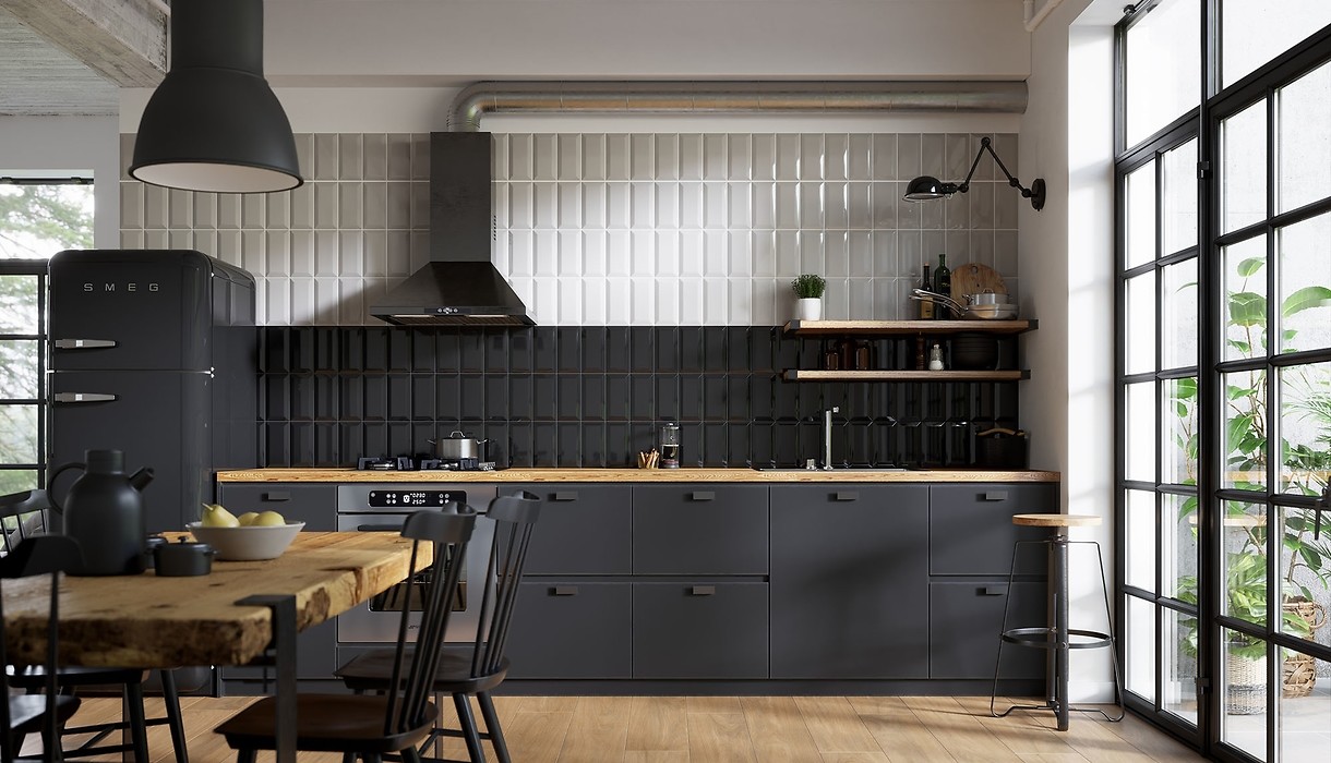 Płytki cegiełki - białe, szare, czarne - w kuchni - nowoczesne wnętrza - METRO STYLE