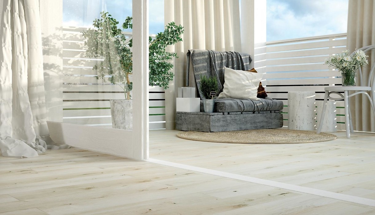 Płytki podłogowe drewnopodobne białe w salonie i na tarasie - CLASSIC OAK WHITE