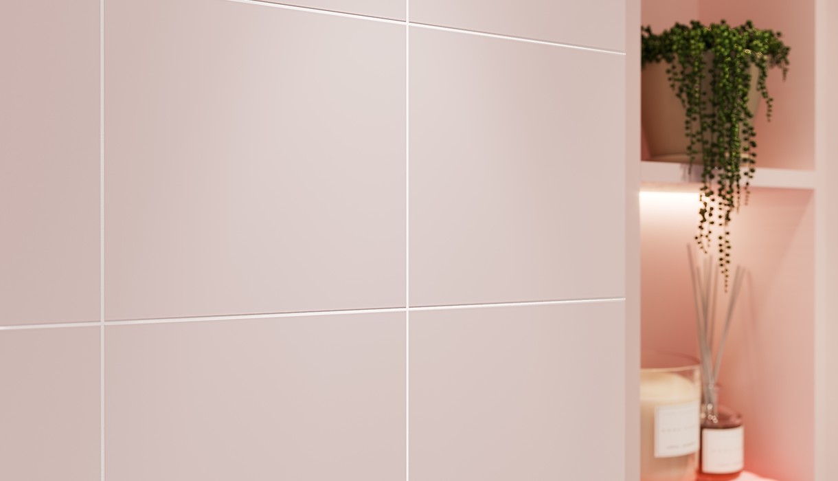 Kwadratowe matowe płytki 20x20 cm na ścianie w łazience - LAKE STONE I MONOBLOCK