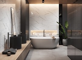 Białe płytki ze strukturą imitujące marmur - nowoczesna łazienka - GINEVRA