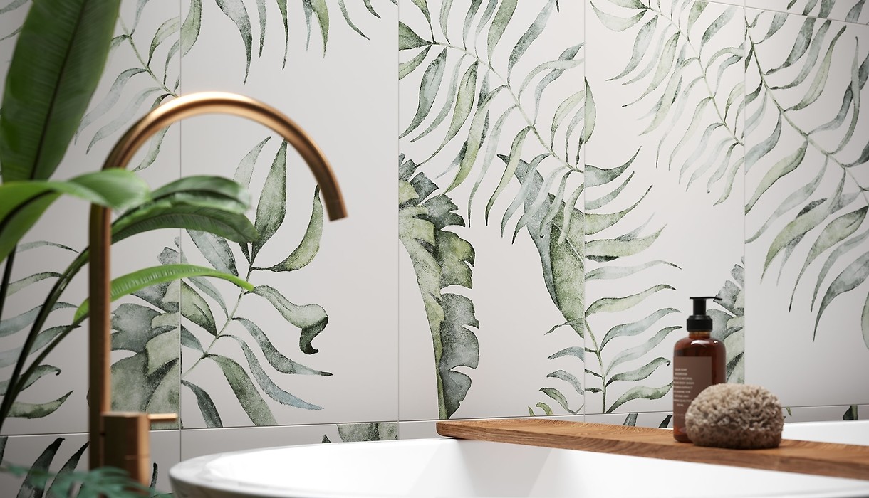 Łazienka, płytki łazienkowe z motywem liści, roślinnym - MOTTI LEAF