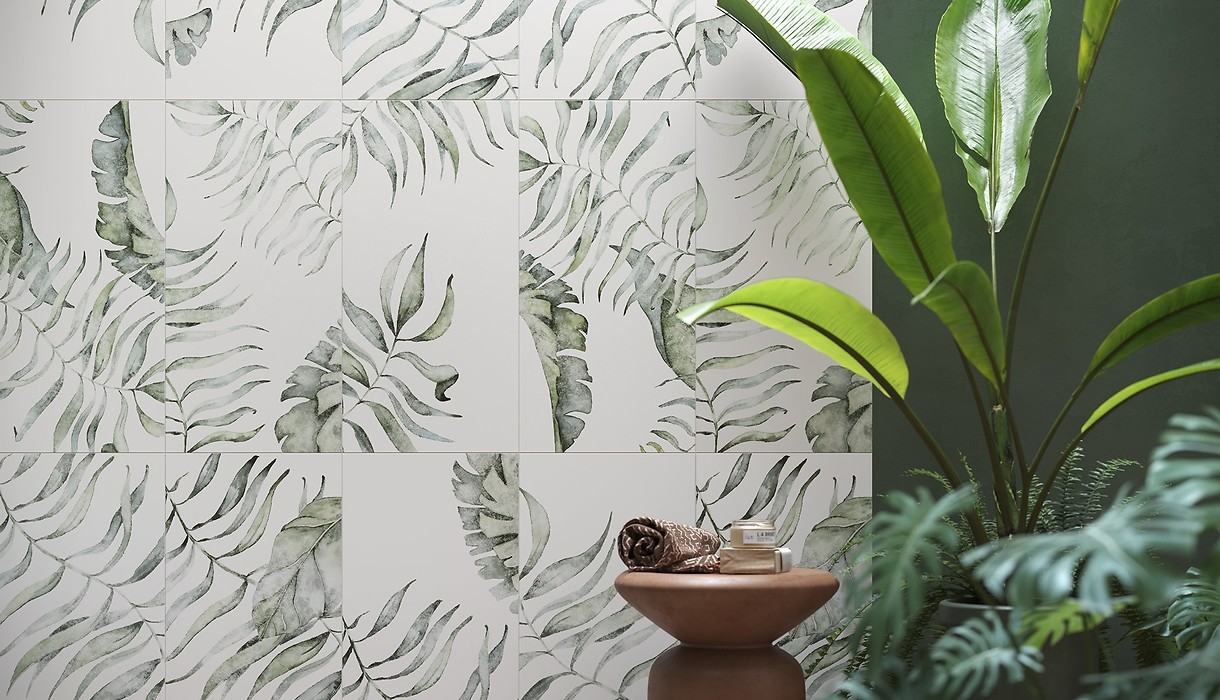 Płytki łazienkowe zielone liście, łazienka z motywem roślinnym - MOTTI LEAF