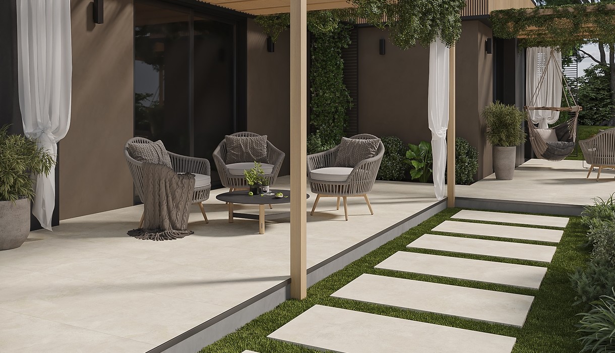 Beżowe płyty imitujące beton do ogrodu, na balkon i taras - QUENOS 2.0 BEIGE