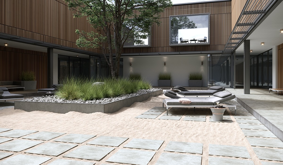 Szare płytki, gres imitujący beton do ogrodu, na balkon i taras - FOG 2.0