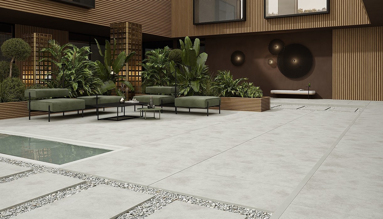 Szary gres imitujący beton do ogrodu, na balkon i taras - FOG 2.0