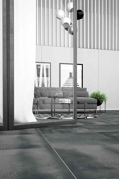Szary gres imitujący beton - betonowa podłoga w salonie - nowoczesny salon - ...