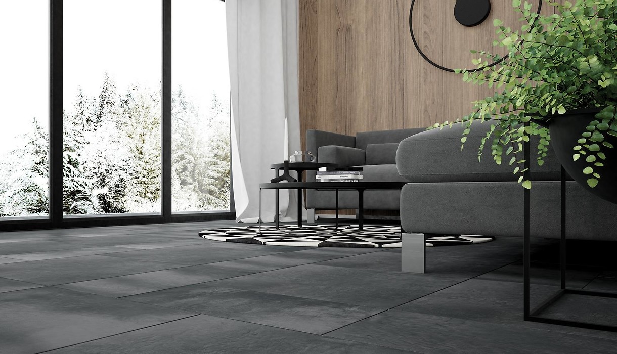 Szare płytki betonowe na podłodze w salonie - nowoczesne wnętrze - BETON DARK GREY