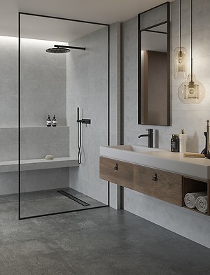Rakaro, łazienka z płytkami imitującymi beton