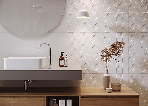 Love You White, Opoczno - strukturalna płytka ze wzorem jodełki