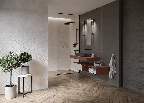 Manuka - płytki z motywem betonu w zestawieniu z drewnopodobną podłogą