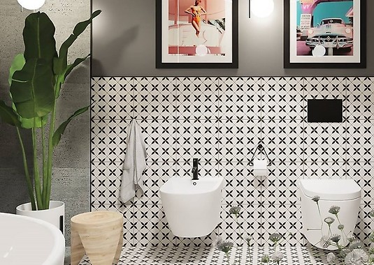 Płytki we wzory w łazience eklektycznej
