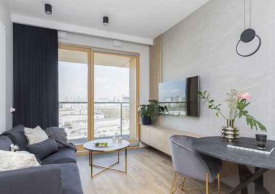 Noisy Grey Mat, płytki szare z motywem kamienia na ścianie salonu