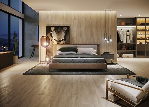 Sypialnia z drewnopodobnymi płytkami 21