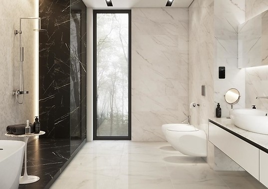 Połączenie białego i czarnego marmuru w łazience