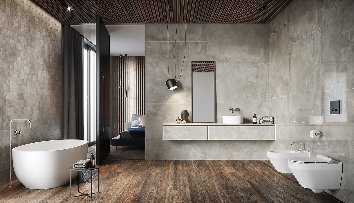 Beton z drewnem — w jakiej łazience sprawdzi się takie połączenie płytek?