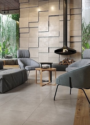 Aranżacja salonu z betonem na ścianie