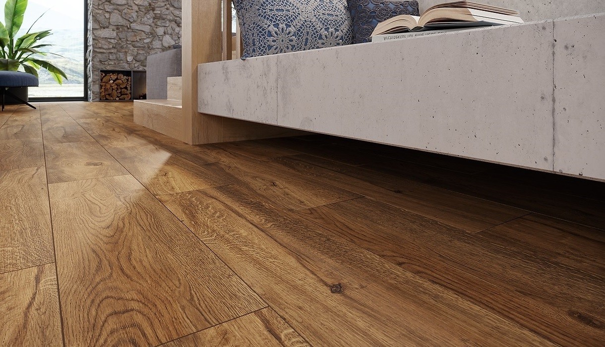 Połączenie drewna i betonu w salonie