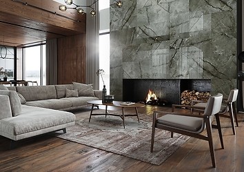 Nowoczesne wykończenie kominka płytkami