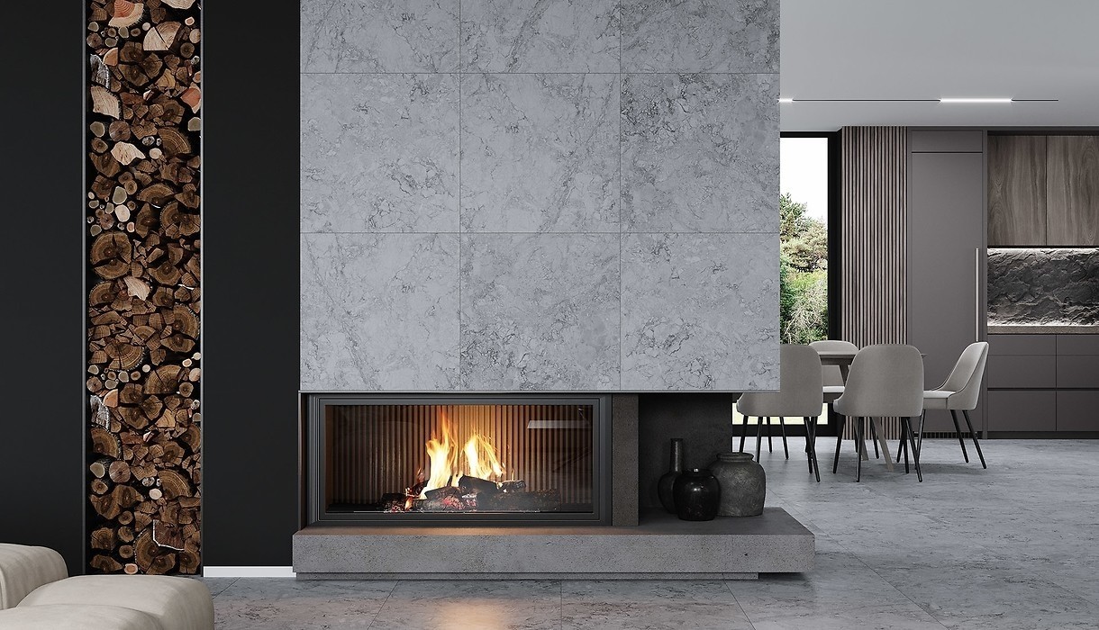 Nowoczesne wykończenie kominka płytkami