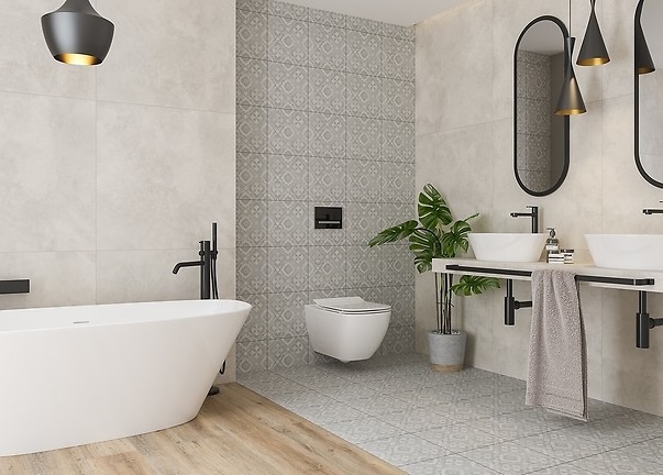 patchwork i drewno w nowoczesnej łazience