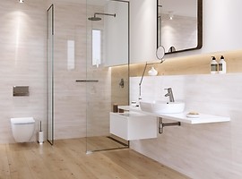 Łazienka w stylu skandynawskim - kremowe płytki łazienkowe - ITALIAN STUCCO