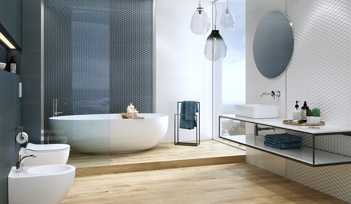 Strukturalne płytki na ścianę do łazienki, kuchni - białe, niebieskie - OCEAN ROMANCE