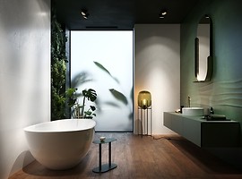 Zielone płytki, kafelki łazienkowe - nowoczesna zielona łazienka z drewnem - ...