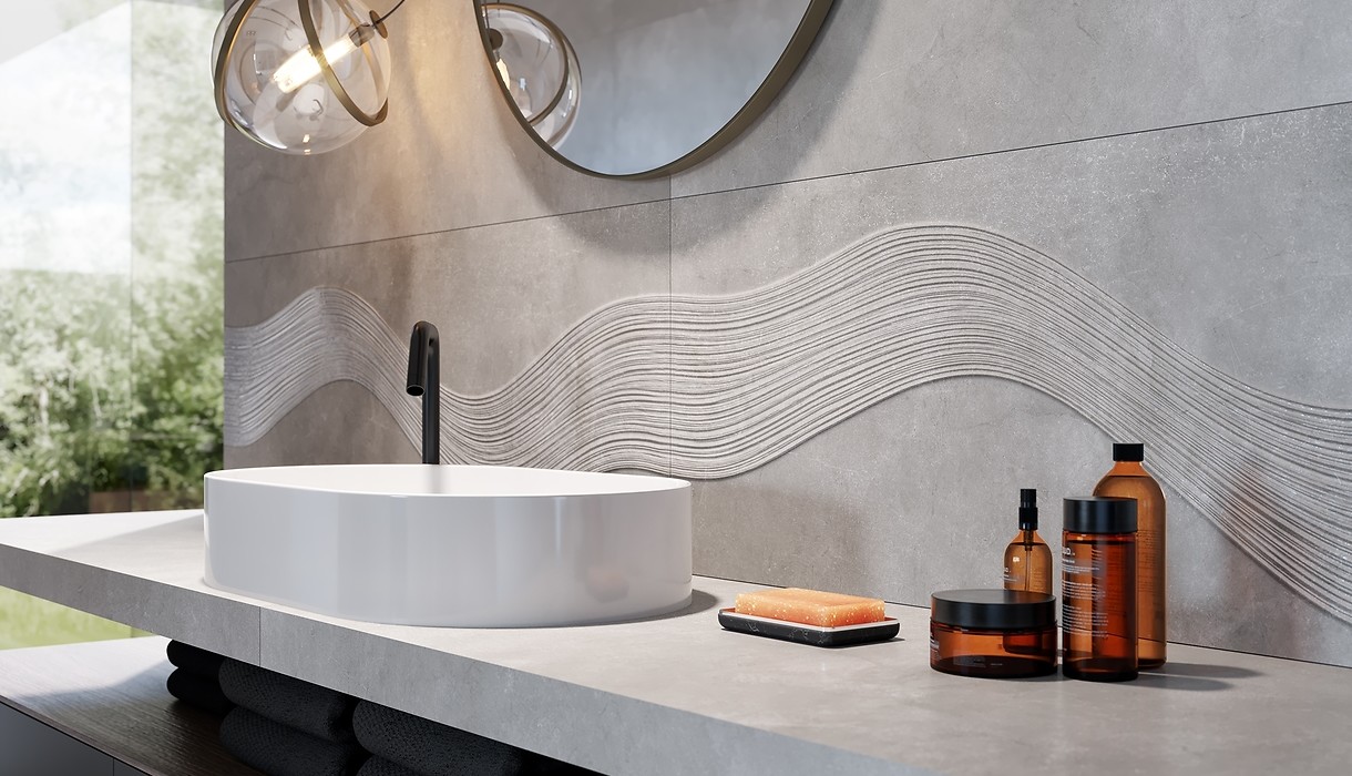 Płytki łazienkowe strukturalne - fale - imitacja betonu - nowoczesna łazienka ...