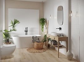 Białe płytki łazienkowe strukturalne - łazienka boho - PARMINA