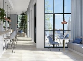 Jasne beżowe płytki imitujące beton na podłodze - nowoczesne wnętrza - BETON WHITE