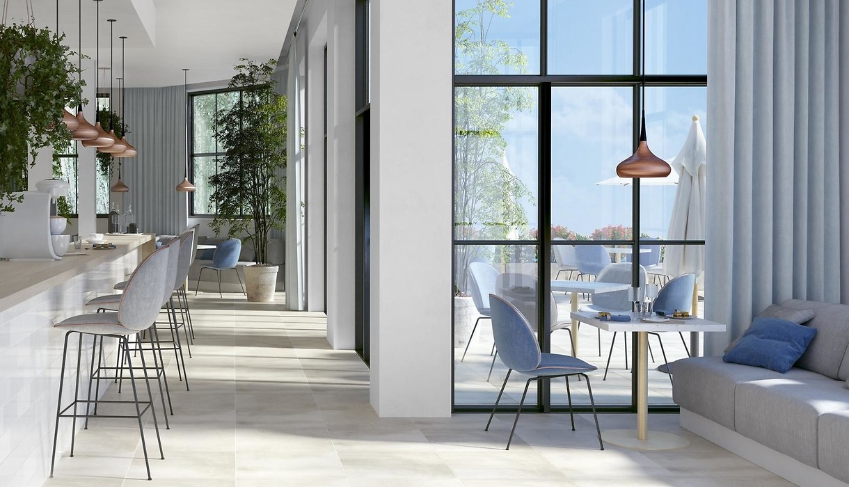 Jasne beżowe płytki imitujące beton na podłodze - nowoczesne wnętrza - BETON WHITE
